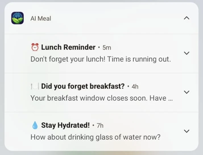 Real AiMeal notifications: lunch reminder, breakfast reminder, hydration reminder
