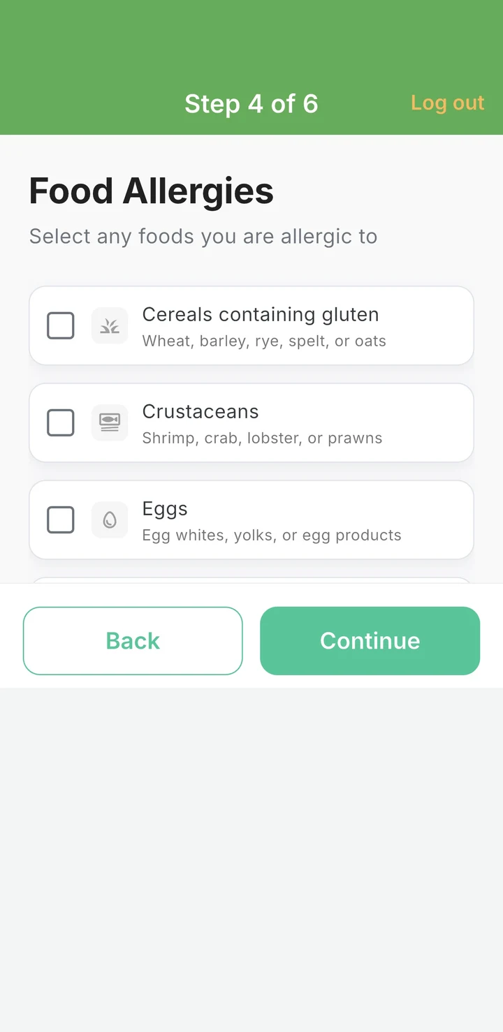 Sign-up step: select any food allergies