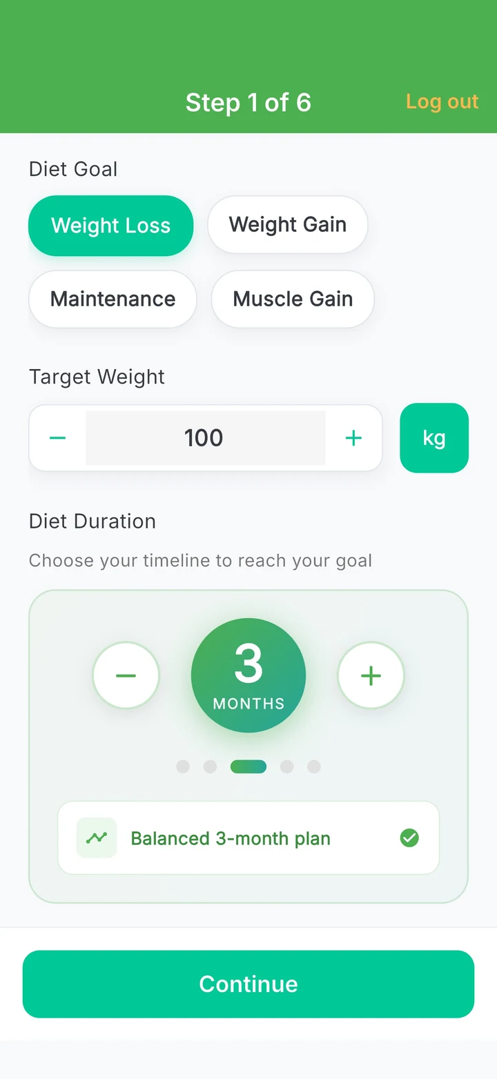 Guided sign-up: diet goal, target weight and duration